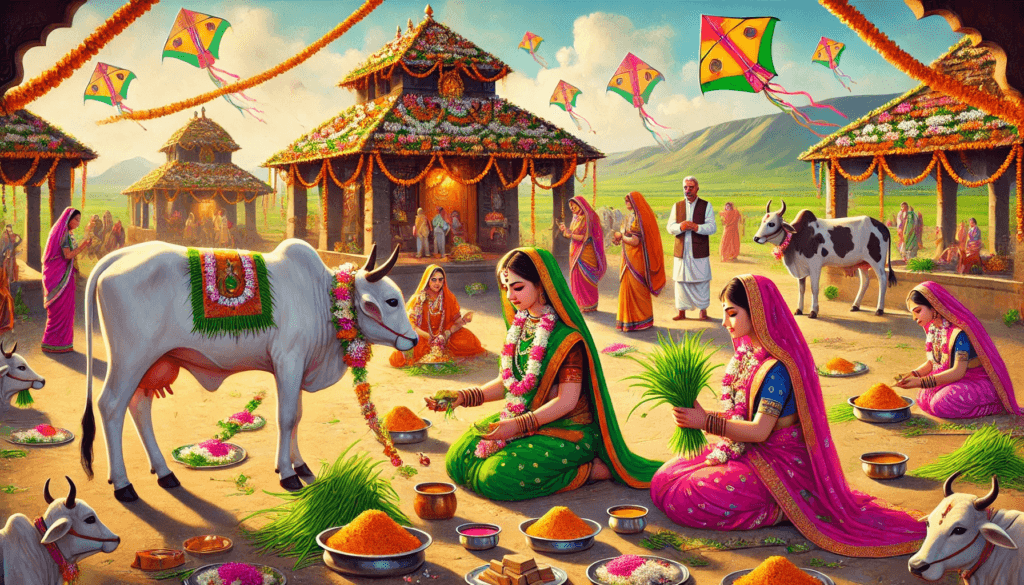 The accompanying image depicts a serene festive scene, with families celebrating Makar Sankranti by performing rituals, flying kites, and worshipping cows at a gaushala. Women in colorful sarees offer prayers to Gau Mata, symbolizing the deep connection between humanity and nature.